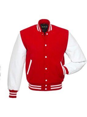 Men’s Red  White Genuine Leather Sleeve Varsity Letterman Jacket